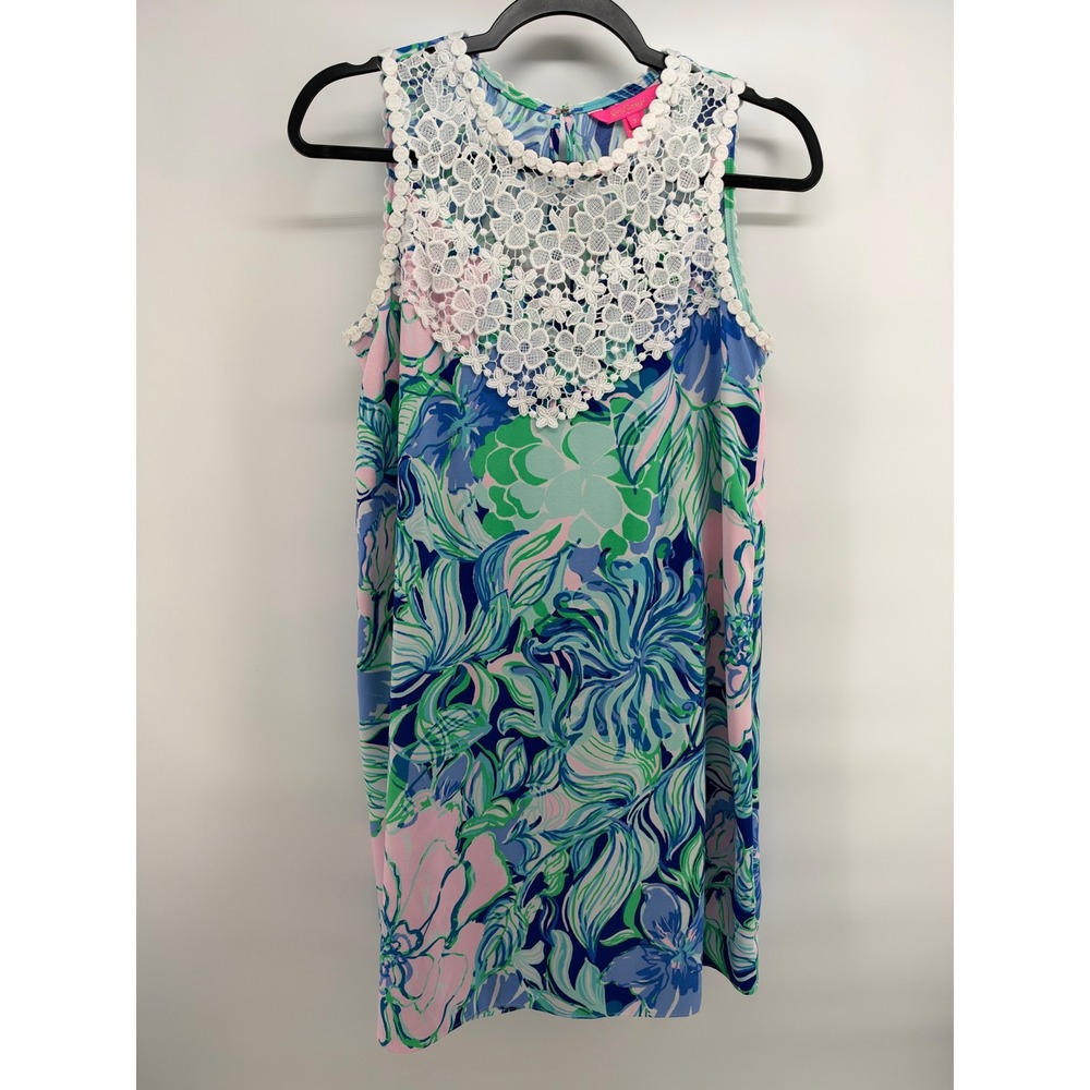 Lilly Pulitzer Womens Blue Pink Floral Lace Bib Shift Dress Size 2